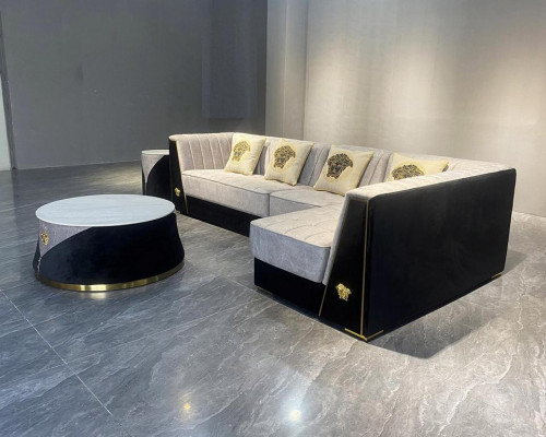Gray living room sofa set corner sofa coffee table side table stainless steel