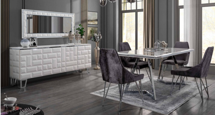 Dining room set: dining table, 4x chairs, sideboard with mirror, modern set, gray