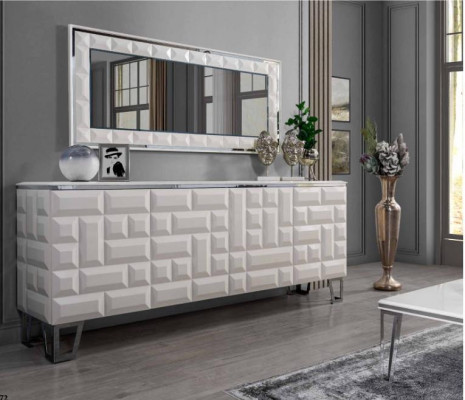 Dining room set: dining table, 4x chairs, sideboard with mirror, modern set, gray
