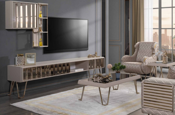 TV stand RTV wall shelves coffee table beige metal modern living room set 3-piece