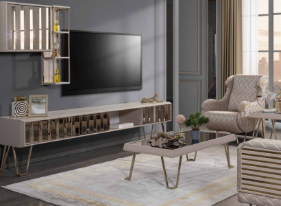TV stand RTV wall shelves coffee table beige metal modern living room set 3-piece