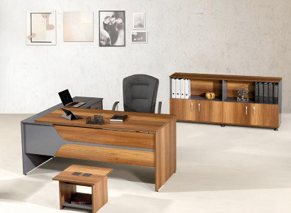 Suite Office Corner Office Desk Study Room Furniture Cabinet 3-piece Wood Brown