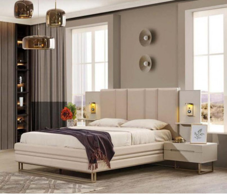 Bedroom set luxury complete beige bed 2x nightstands modern