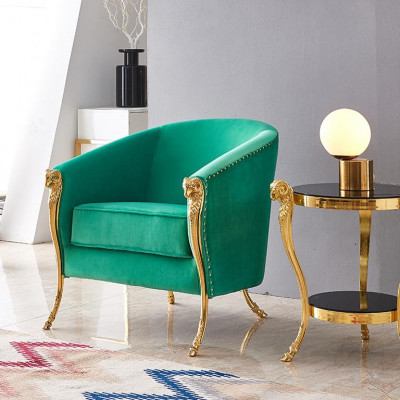 Green luxury armchair upholstered furniture gold feet living room single-seater new