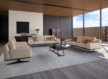 Complete furniture living room set: 2x three-seater sofa, couch, coffee table, textile armchair, new.