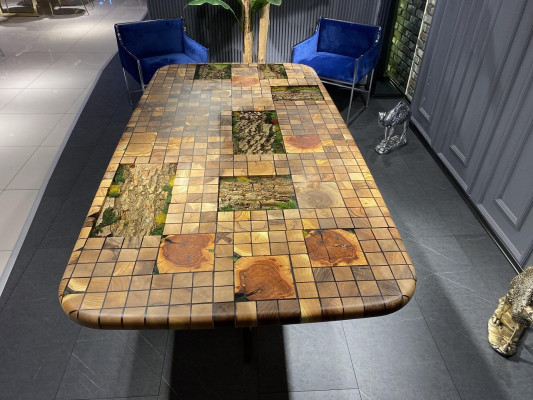 Dining Table Epoxy Resin Dining Room Table Mosaic Table 90 cm Wood Brown New