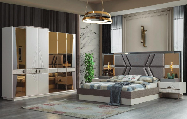 Stylish Gray Bedroom Suite 2x Nightstands Wardrobe Set