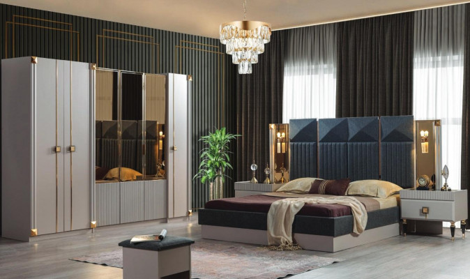 Luxurious bedroom furniture upholstered double bed wood nightstands wardrobe
