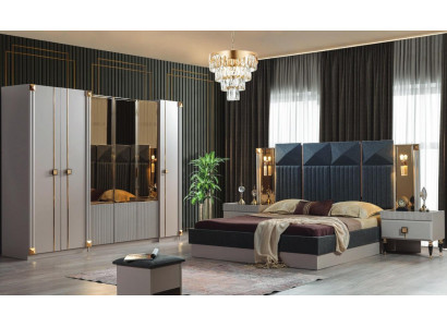 Luxurious bedroom furniture upholstered double bed wood nightstands wardrobe