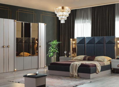 Luxurious bedroom furniture upholstered double bed wood nightstands wardrobe