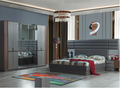 Dark blue bedroom furniture double bed bedside tables wardrobe 4-piece set