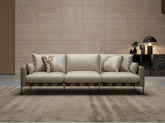 New three-seater sofa, beige upholstered furniture, couch, living room, luxury design