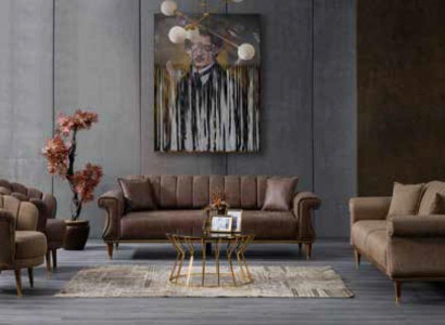 Brown Modern Upholstered Sofa Three-Seater Couch Textile Furniture Modern