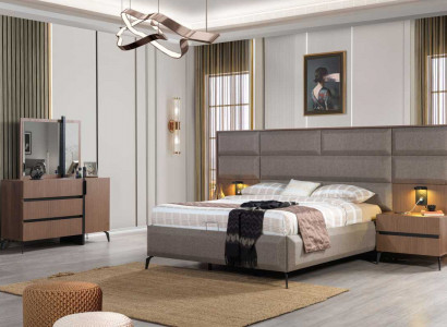 Gray-Brown Double Bed Exclusive Bedroom Dresser Mirror 5-Piece Set