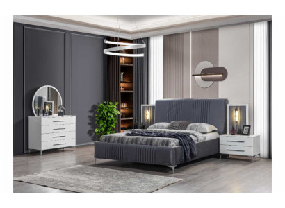 Stylish Bedroom Set Gray Double Bed Wood Nightstands 5-piece