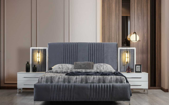 Modern gray double bed 2x wooden nightstands bedroom set