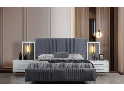 Modern gray double bed 2x wooden nightstands bedroom set