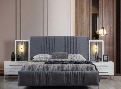 Modern gray double bed 2x wooden nightstands bedroom set