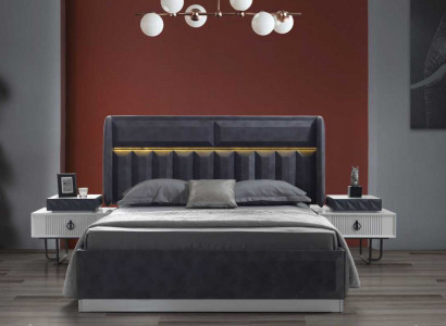 Complete bedroom set gray double bed luxurious wood nightstands