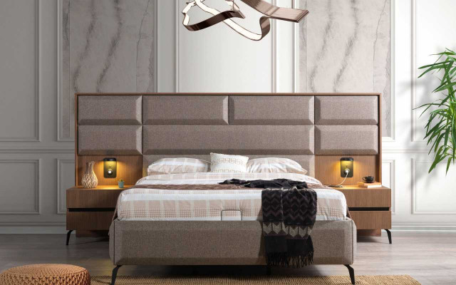 Exclusive Gray Bedroom Double Bed with 2x Bedside Tables 3-piece Set