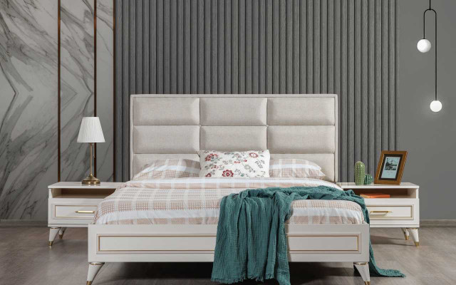 White Bedroom Set Upholstered Double Bed 2x Wooden Nightstands 3-piece Set