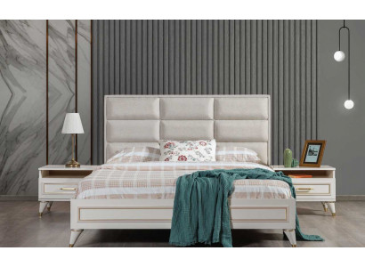 White Bedroom Set Upholstered Double Bed 2x Wooden Nightstands 3-piece Set
