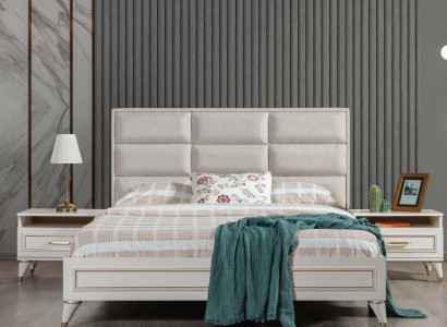 White Bedroom Set Upholstered Double Bed 2x Wooden Nightstands 3-piece Set