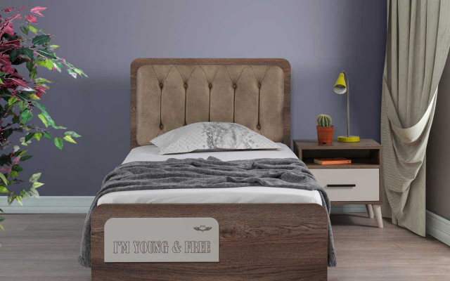 Brown children's room single bed designer wooden nightstand 2-piece luxury set