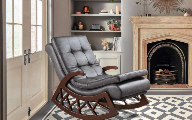 Exclusive Gray Rocking Chair Living Room Relaxation Furniture Wood Frame New