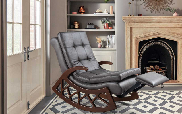 Exclusive Gray Rocking Chair Living Room Relaxation Furniture Wood Frame New