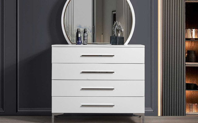 Four-door white bedroom dresser designer glass round mirror 2-piece set