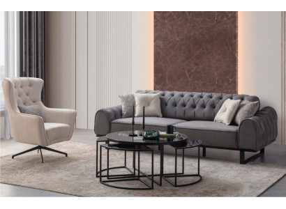 Gray Chesterfield Three-Seater Luxurious Upholstery White Armchair 2-Piece Set