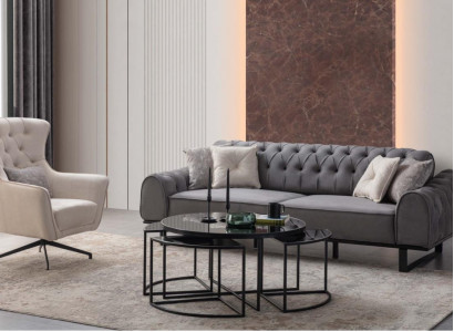 Gray Chesterfield Three-Seater Luxurious Upholstery White Armchair 2-Piece Set