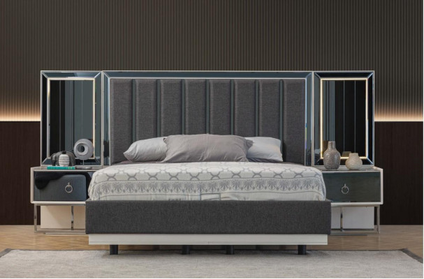 Gray bedroom set stainless steel bed 2x wooden nightstands 3-piece set