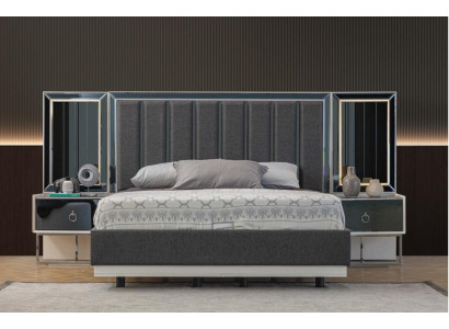 Gray bedroom set stainless steel bed 2x wooden nightstands 3-piece set
