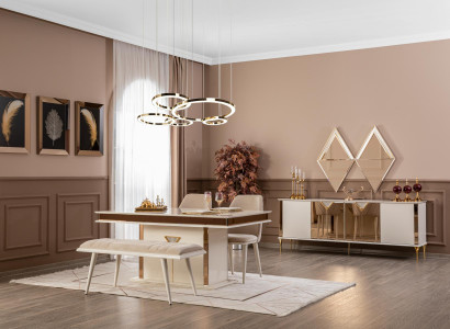Dining room table 4x chairs bench set dining ensemble modern 7-piece beige design
