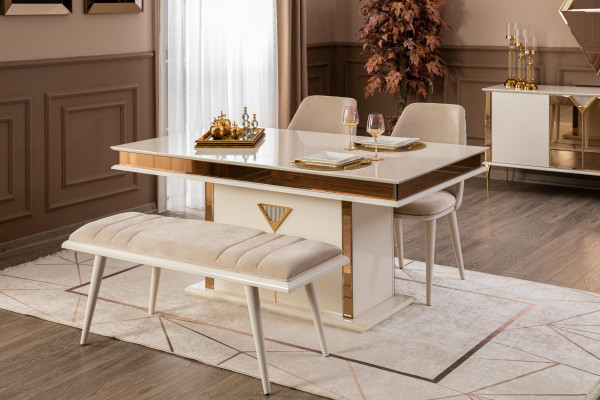 Dining room table 4x chairs bench set dining ensemble modern 7-piece beige design