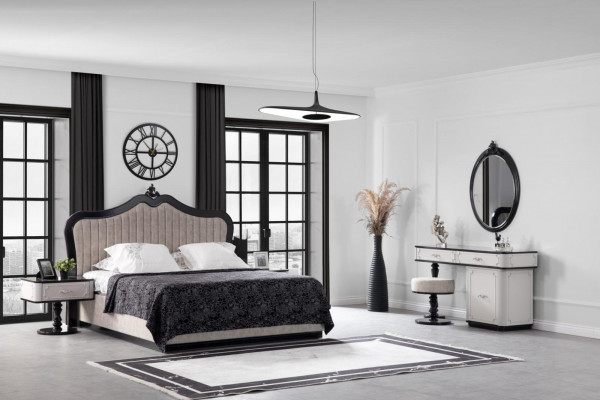 Bedroom set bed 2x bedside table chest of drawers with mirror 5-piece modern