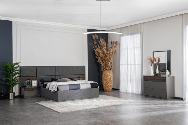 Bedroom bed 2x nightstands dresser mirror luxury design furniture 5-piece set.