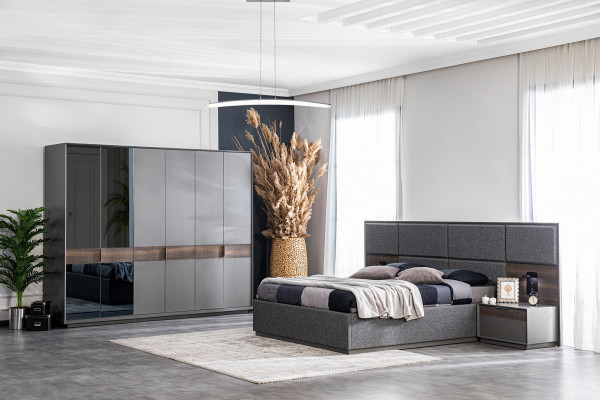 Bedroom bed 2x nightstands dresser mirror luxury design furniture 5-piece set.