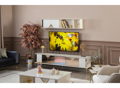Living room furniture, wall unit, TV stand, wall shelf, wood, new white modern.