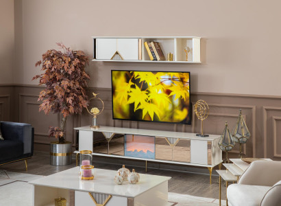 Living room furniture, wall unit, TV stand, wall shelf, wood, new white modern.