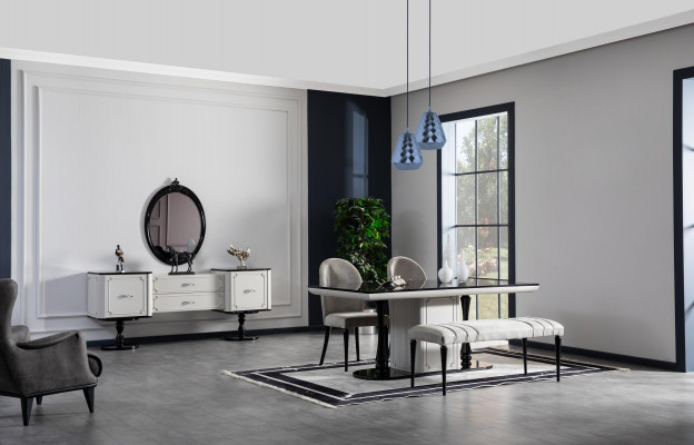 Dining room table 4x chairs sideboard with mirror bench 7-piece set group