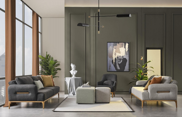 Armchair Design Luxury Upholstery Lounge Gray Modern Living Room Wood Textile