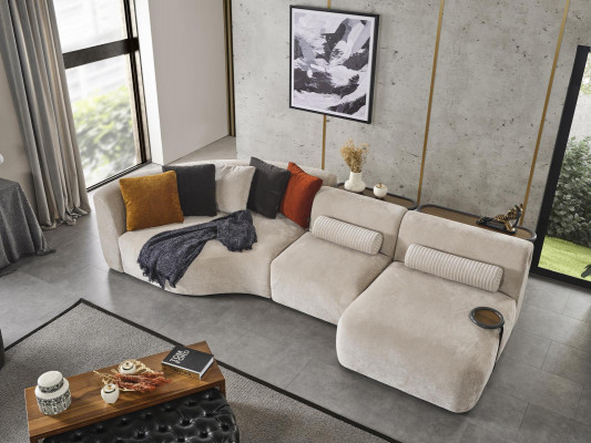 Corner sofa L-shape design couch wood with textile upholstery new furniture white