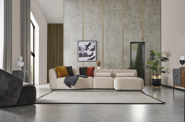 Corner sofa L-shape design couch wood with textile upholstery new furniture white
