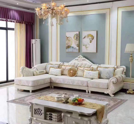 Classic large white corner sofa with handcrafted wooden elements