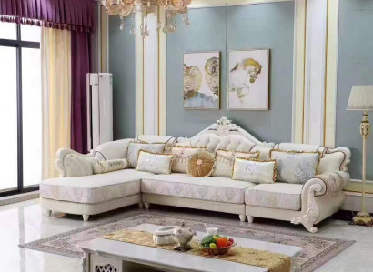 Classic large white corner sofa with handcrafted wooden elements