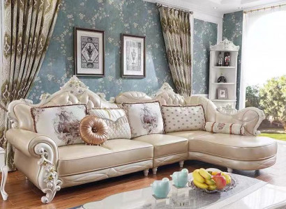 Sectional sofa L-shape living area couch furniture leather wood sofa Chesterfield