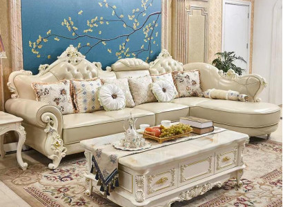 Living area corner sofa L-shaped couch furniture leather wood sofa Chesterfield